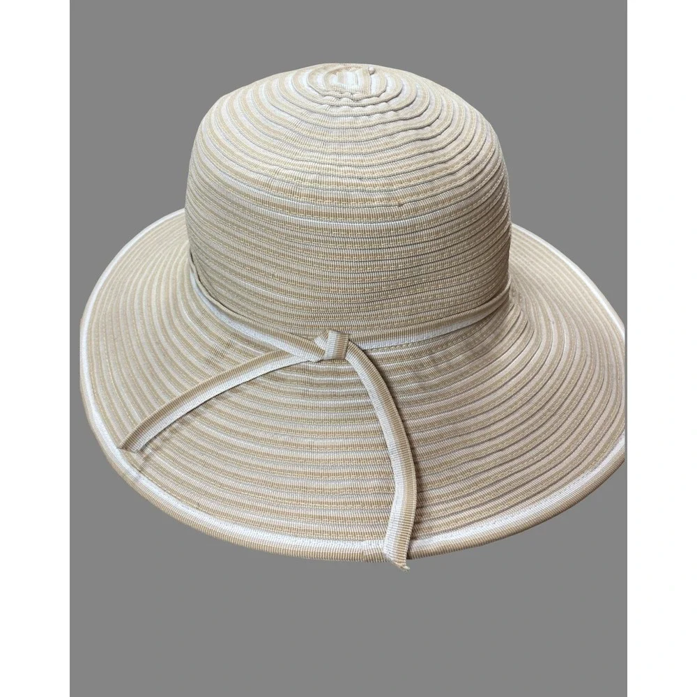 San Diego Hat Co Tan White Striped Grosgrain Wide Brim Sun Hat Packable Beach